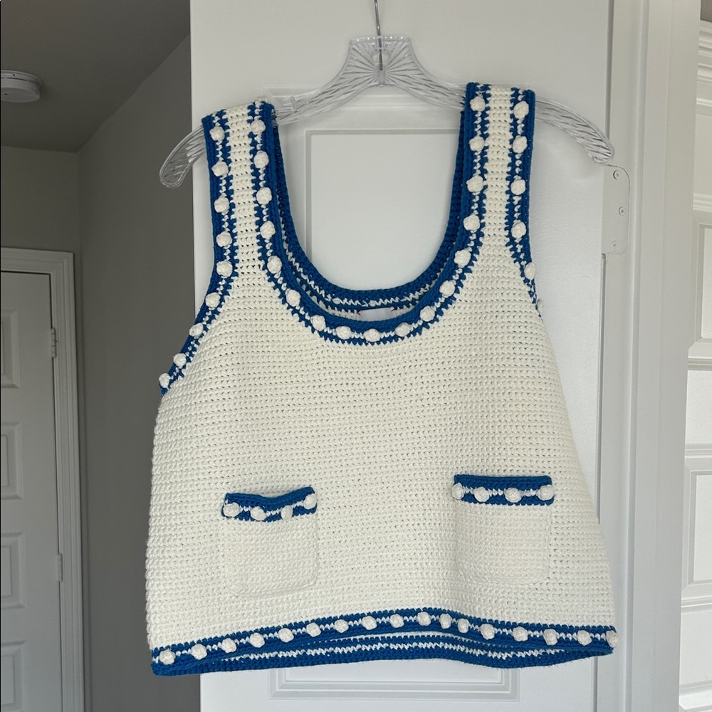 Hunter Bell Blue and White Crochet Tank Top